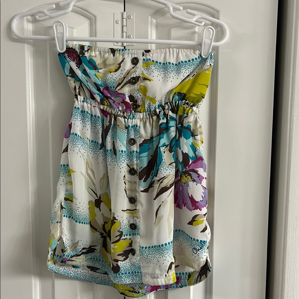Floral Strapless Top with Button Detail